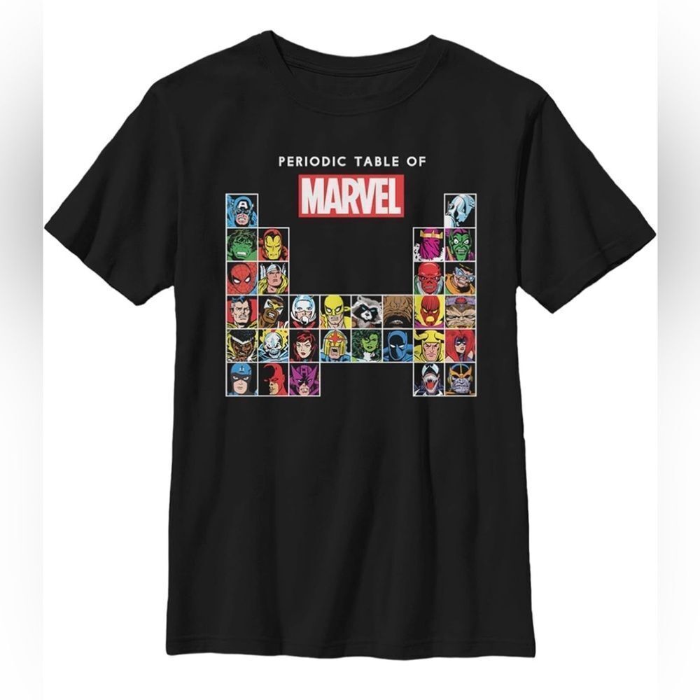 Marvel Periodic Table of Heroe Short Sleeve Black Graphic Tee. T-Shirt. Large.